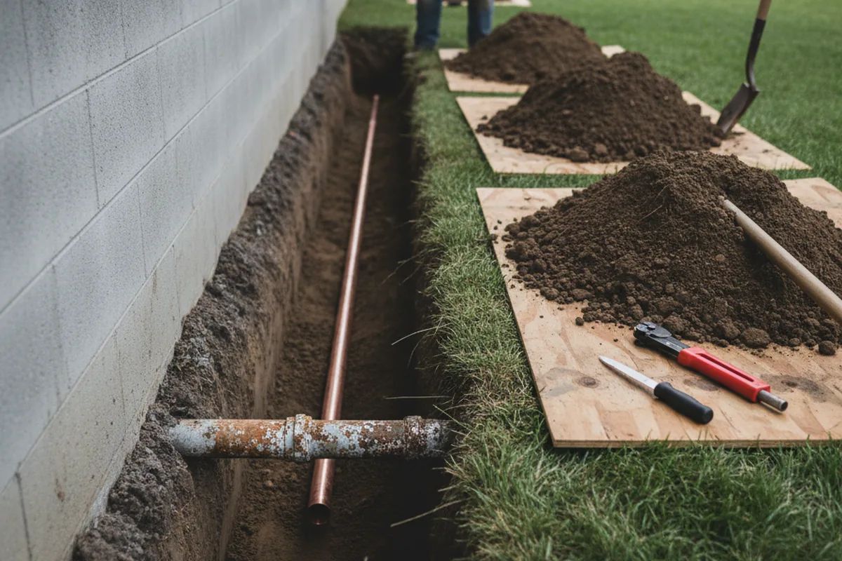 Excavated water line trench during Water Heater Repair in Rufus